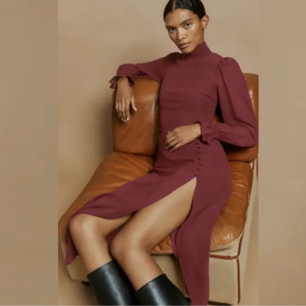 NEW Reformation Stevi Plum high neck long sleeve midi dress with slit - Picture 3 of 7